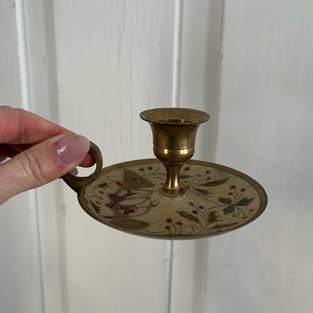 Vintage solid brass chamberstick candle holder Holiday Christmas painted